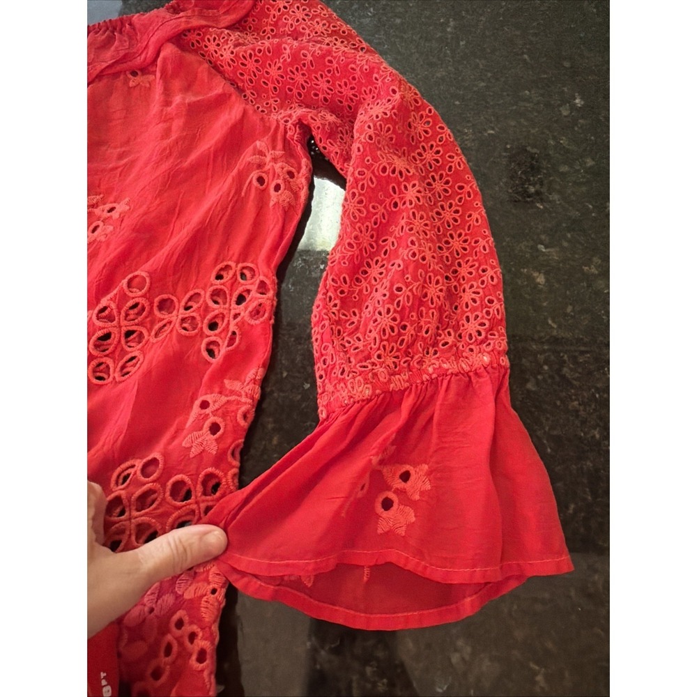 Johnny Was Red Blouse Eyelet Embroidered Elastic Sleeve Ruffled S Off Shoulder - Picture 10 of 10